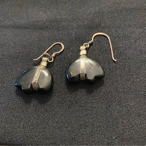 Vintage Sterling Silver Black Onyx Fetish Bear Earrings